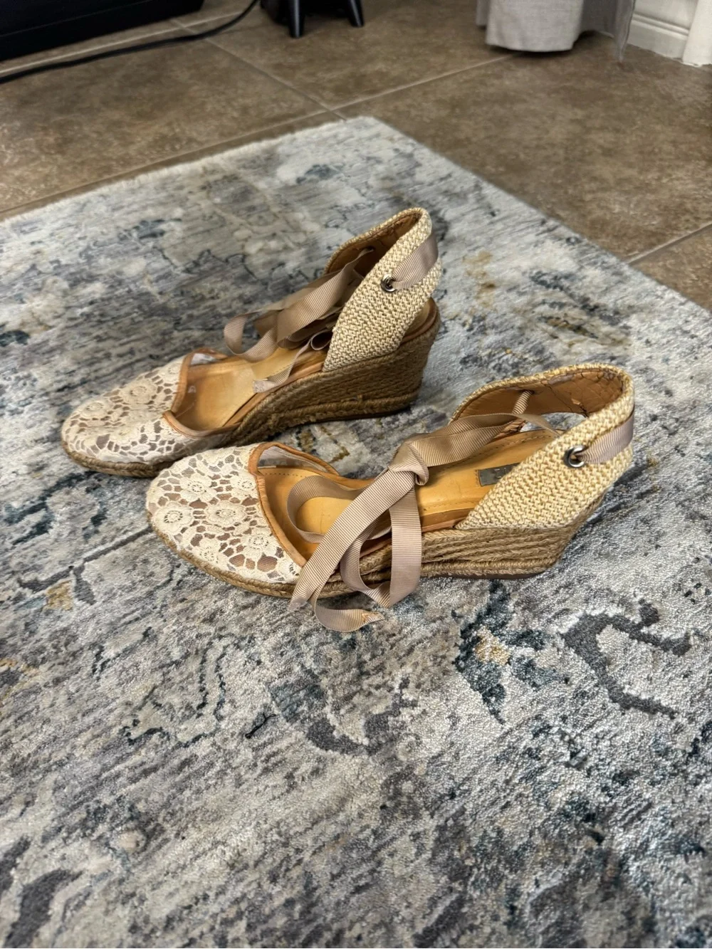 SCHUTZ Beige Lace Espadrille Wedges with Taupe Ankle Tie
